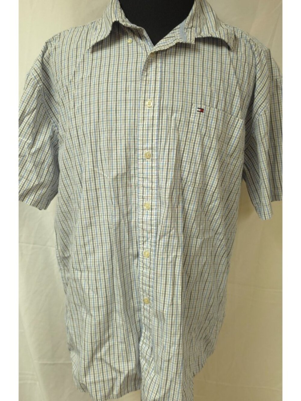 Tommy Hilfiger Mens XXL Blue Plaid Short Sleeve Button Down Flag Logo Shirt